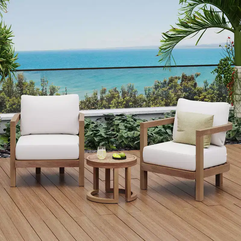 Christopher Knight Home Pelon Outdoor Acacia Wood 3 Piece Chat Set with Cushions, Beige and Brown Wash