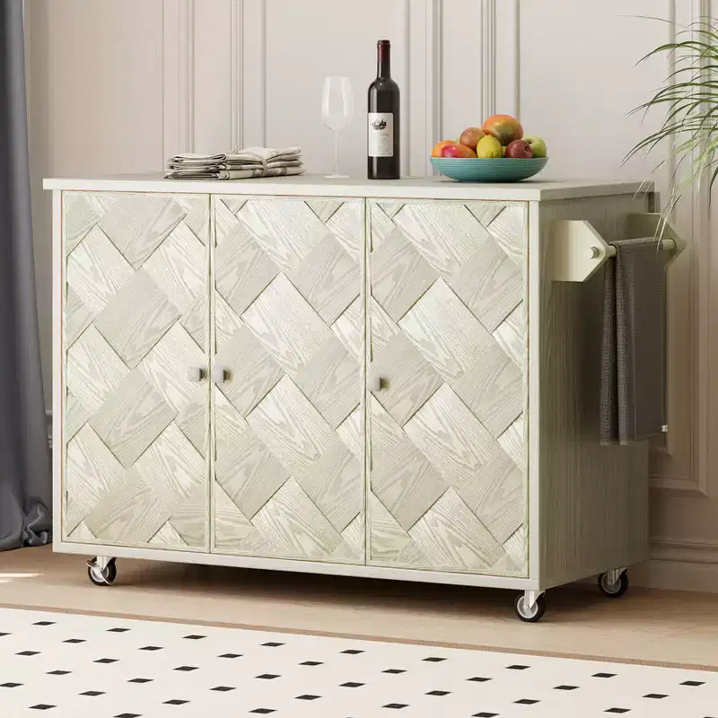 Solid Wood Handwoven Kitchen Island with Drop Leaf, Coastal Kitchen Island on Wheels with Storage Rack, Rolling Kitchen Cart with Ash Veneer