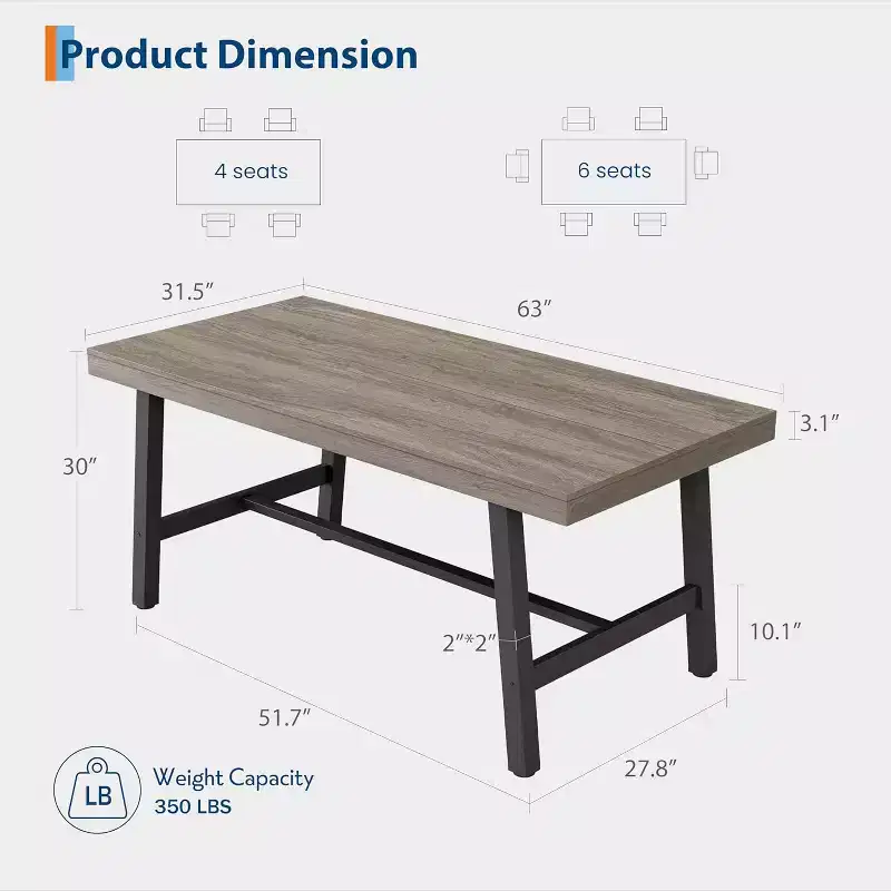 GustoWave Industrial Dining Table for 4-6 People - 63 Long Wooden Kitchen Table with Sturdy Metal Frame & Black Finish