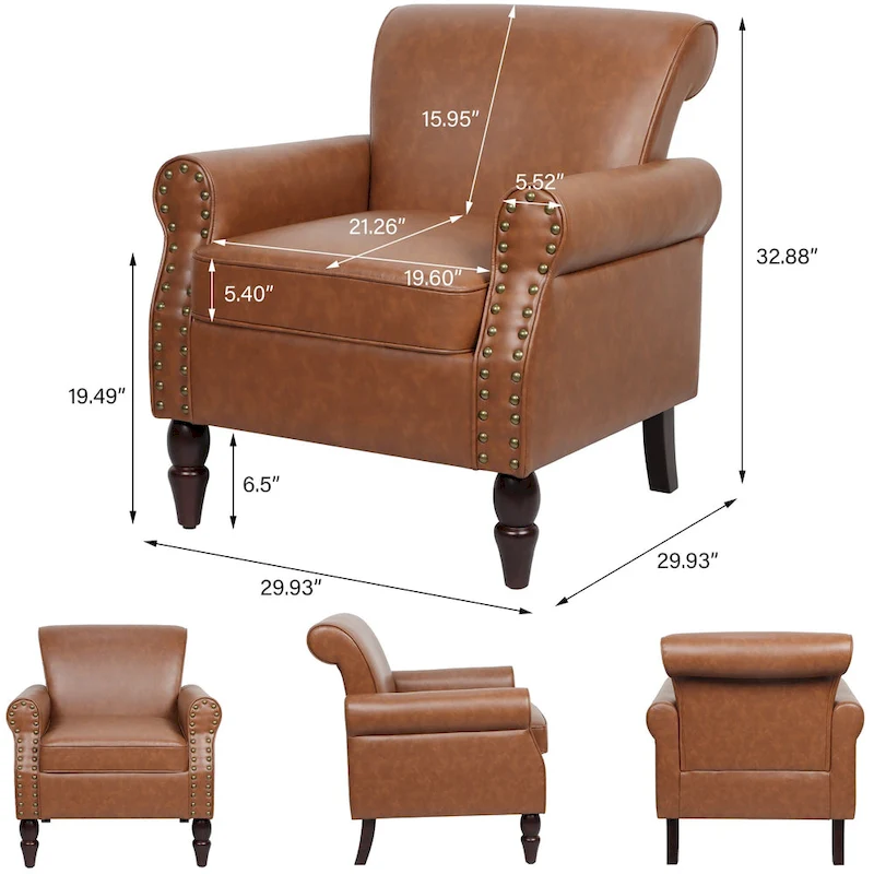 Rolled Armrests PU Accent Chair with Nailhead Trim (Set of 2)
