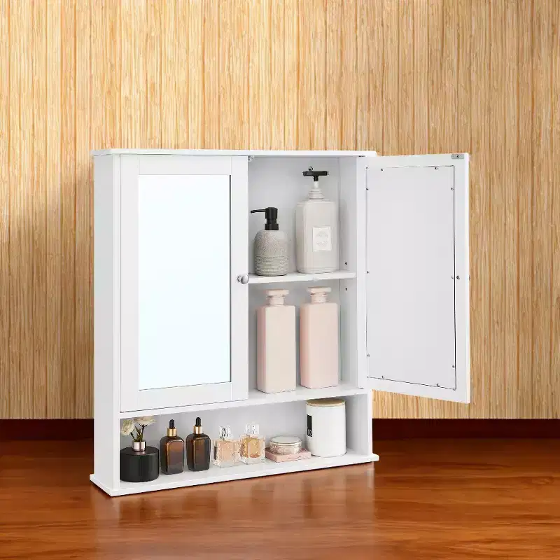 Wall-Mounted Bathroom Cabinet with 2 Mirrored Doors & Adjustable Shelf, White, 25.6x29.5in