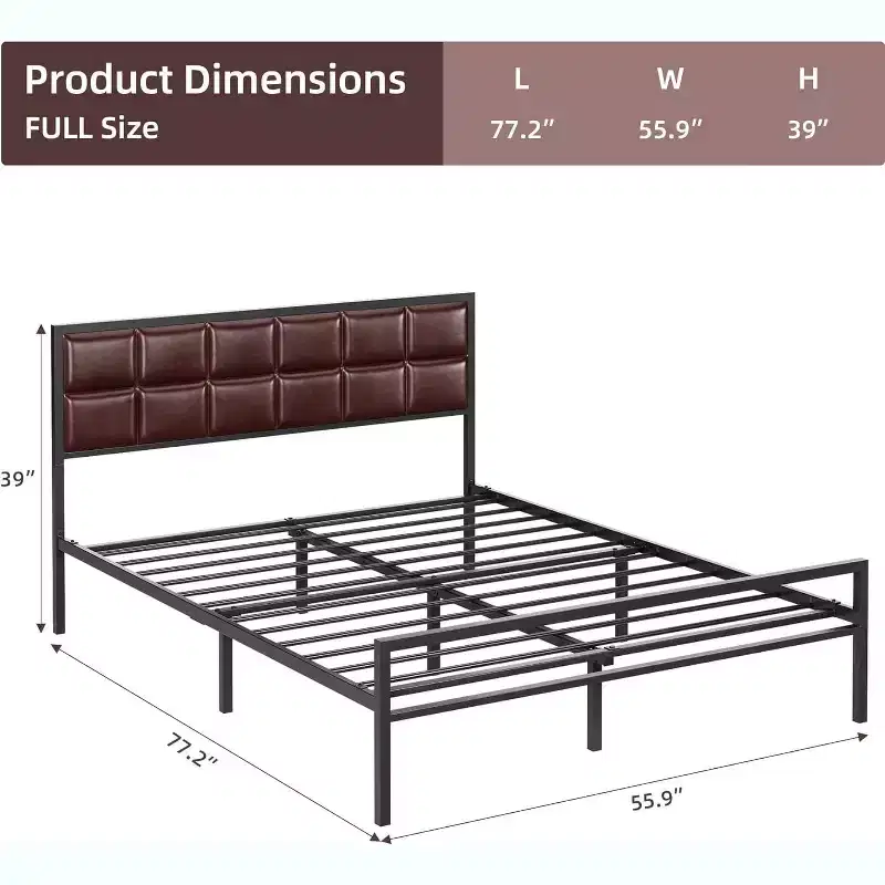 Upholstered Metal Bed Frame with Square-Stitched Headboard, Faux Leather Platform Bed with Steel Slats Support, Box Spring Optional, Red Brown