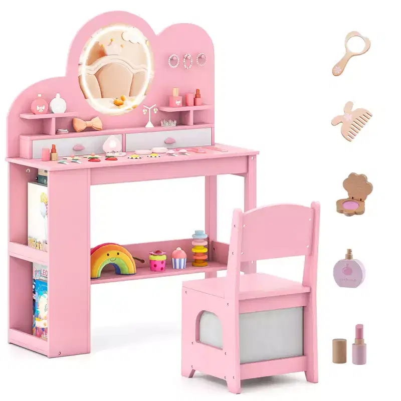Kids Vanity with Lights, 2 Drawers & 2-Tier Bookshelf, 3 Hooks & 2 Open Shelves