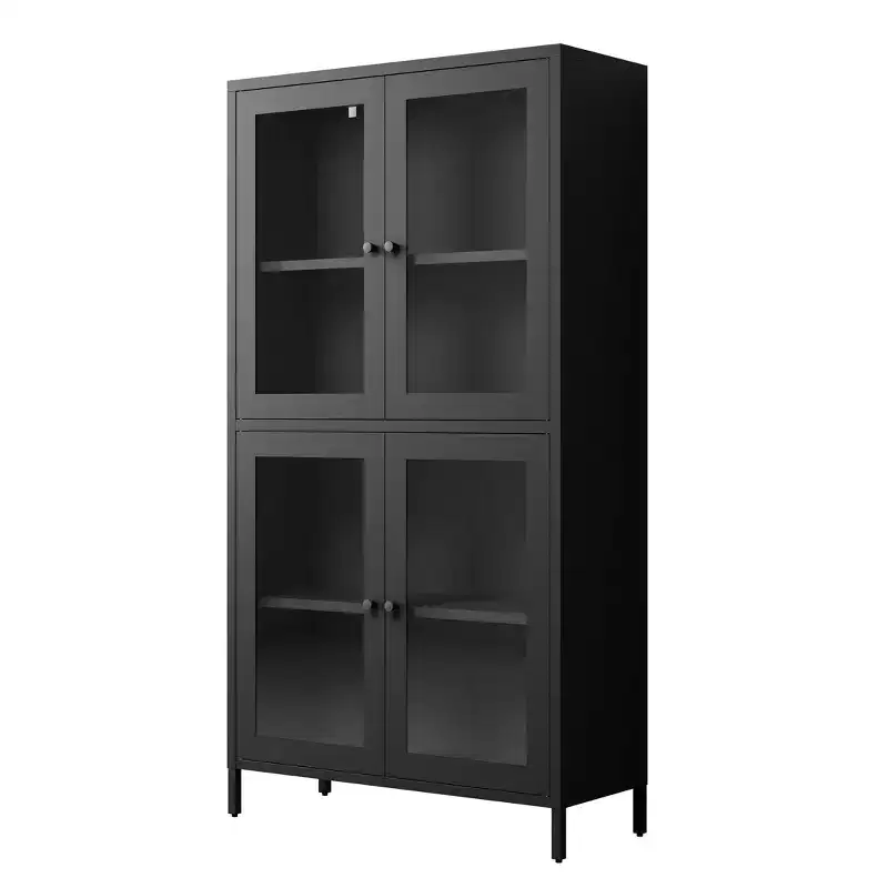 Classic Metal Storage Cabinet with 4 Glass Doors, Black Steel