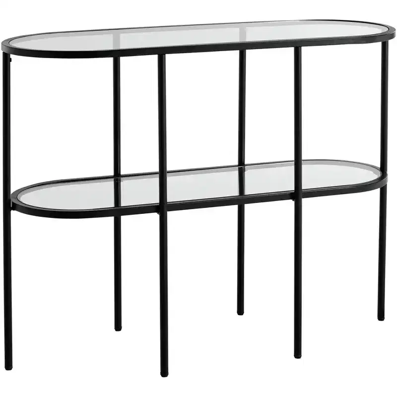Remy Modern Metal Oval 2-Tier Console Table 40 x 15 with Storage Sandy Black Clear Glass Tabletop for Living Room