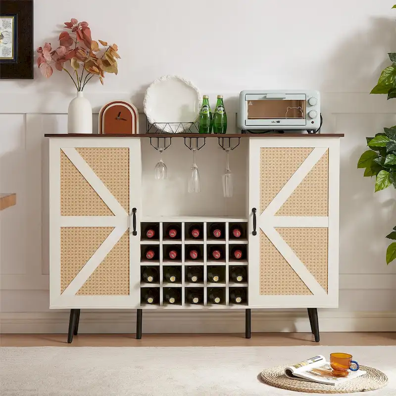 Rustic Wood Storage Cabinet with Wine Rack and Wine Glass Rack