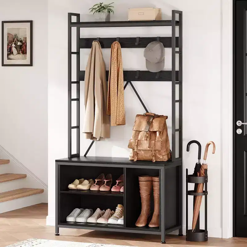 Hall Tree with Bench Coat Rack Shoe Bench Industrial Coat Tree with Storage Cubbies Entryway Coat Rack with Shoe Storage