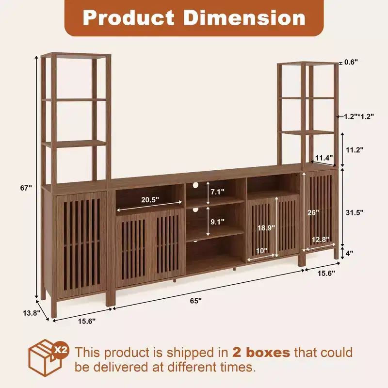 Farmhouse Entertainment Center with Bookshelves, TV Stand for 70 Inch TVs, Adjustable Shelves, Storage, for Living Room, Bedroom