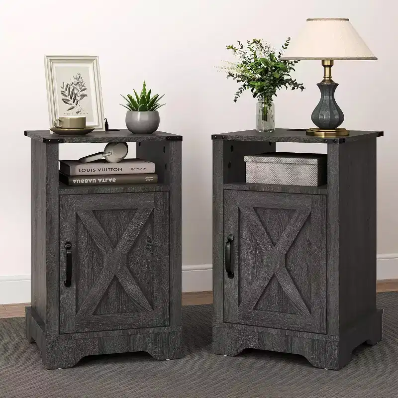 RoyalCraft Farmhouse Nightstand with Charging Station, Rustic End Table Set with Shelf and Storage for Bedroom or Home Office, Set of 2, Dark Grey