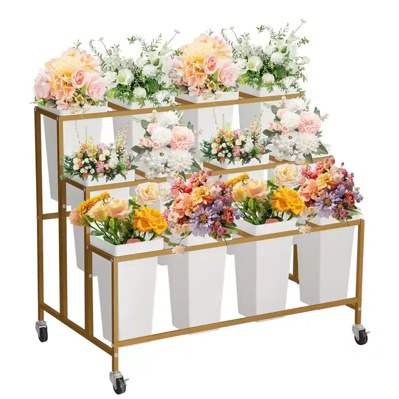 Coolmee Flower Display Stand with 12 Square Buckets, Metal Flower Cart with Wheels for Patio, Garden, Shop, Indoor and Outdoor