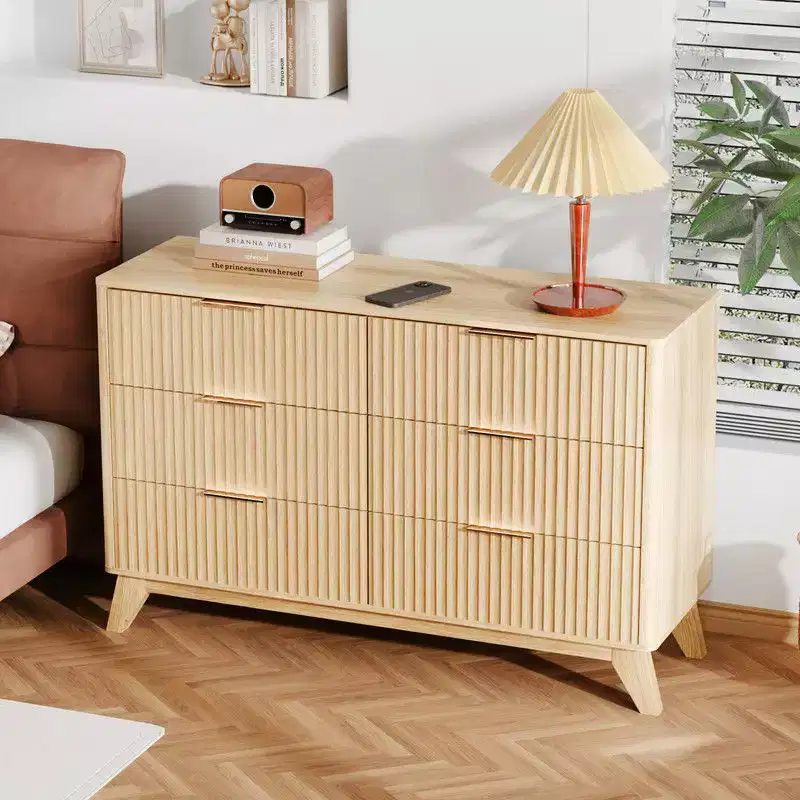Karl Home Oak Finish 6-Drawer Double Dresser Grid Chest P2 Particleboard+MDF with Melamine&Vacuum Forming 47.22In. W
