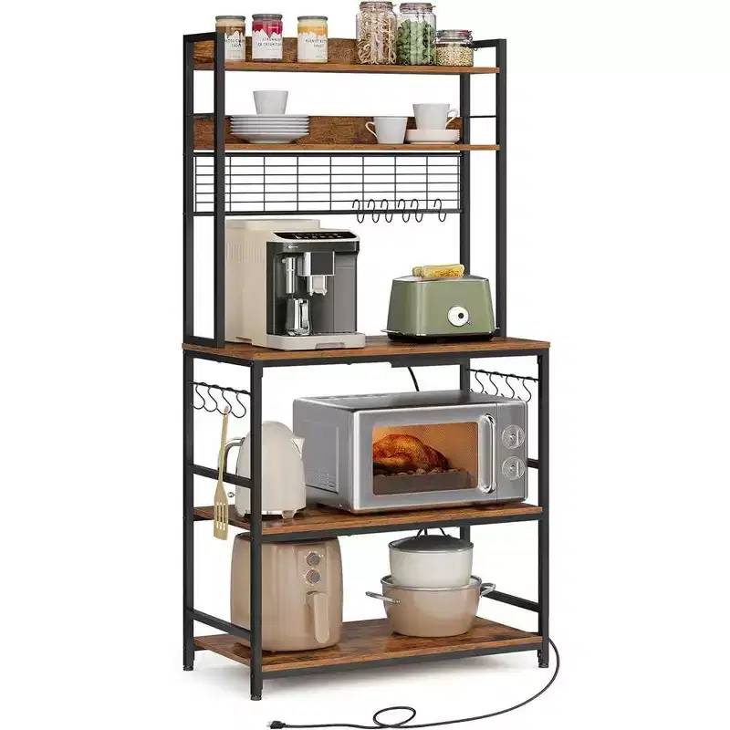 Baker's Rack with Power Outlet, 14 Hooks, Adjustable Microwave Stand & Metal Wire Panel