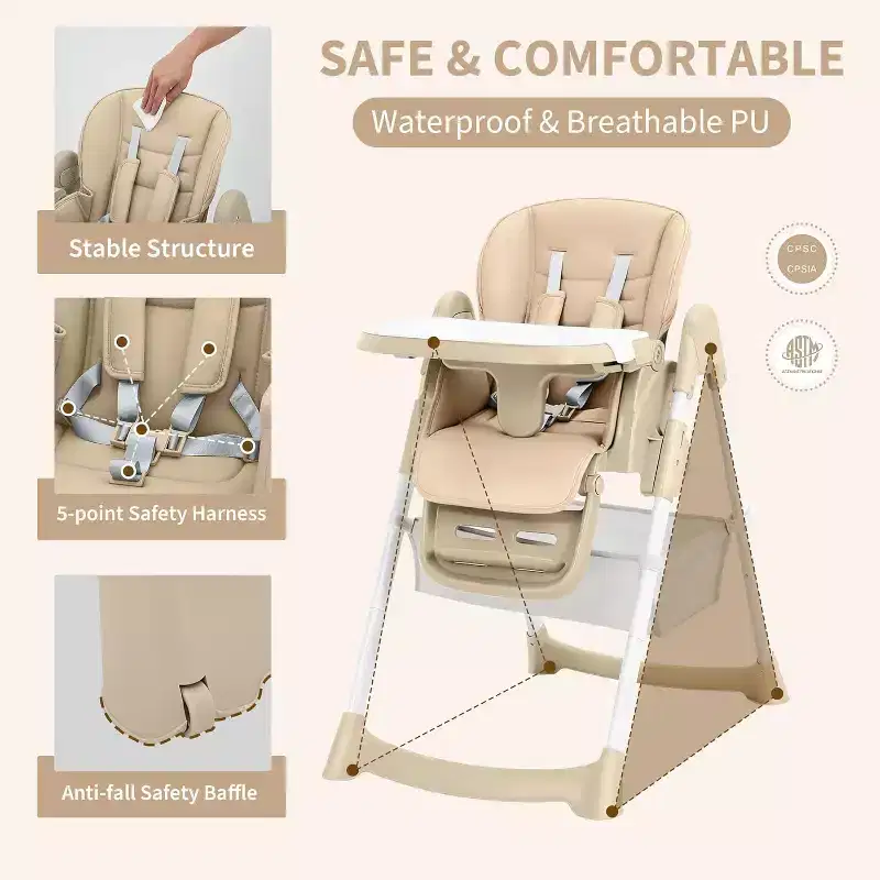 Space-Saving Foldable Baby High Chair - 7-Seat Height, 5-Point Harness, Adjustable Footrest & PU Cushion (6-36M)