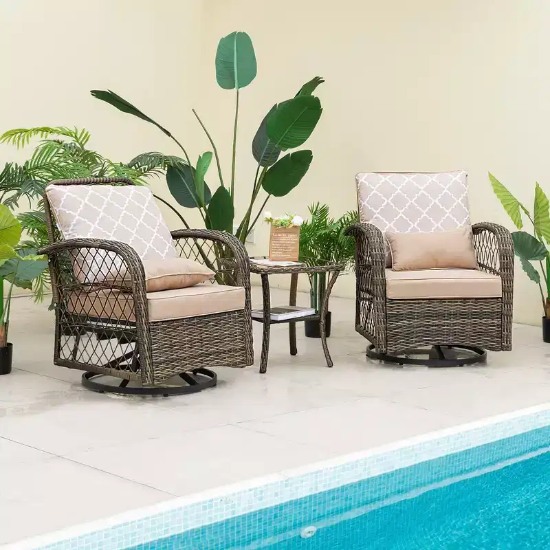 Costway Patio3PCS Wicker Swivel Rocker Set 2 Rocking Chairs 360 Degrees with Coffee Table
