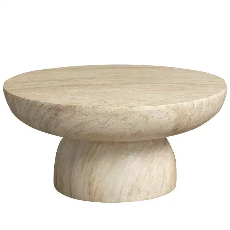 Round Coffee Table Fiberstone Pedestal Accent Table for Indoor or Outdoor Use, Sculpted Design with Anti-Slip Foot Pads