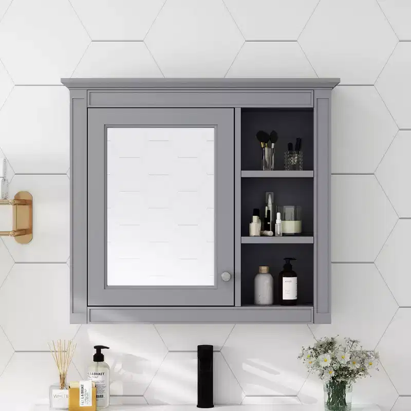 MAYEERTY 28 Medicine Cabinet, Wall Mounted Bathroom Storage Cabinet with Mirror 3 Open Shelves Modern Gray