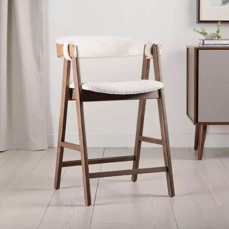 Royal Hampton Counter Stool Chair Set of 2, Walnut Brown Wood, Beige Boucle