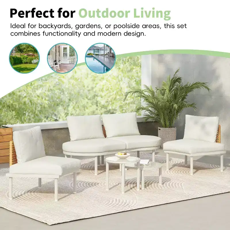 6/8-Piece Patio Set Outdoor Sofa Set Half Moon Outdoor Sectional Sofa with 2 Coffee Tables, Pillows, Cushions, PE Wicker Rattan, Beige/Gray-ModernLuxe