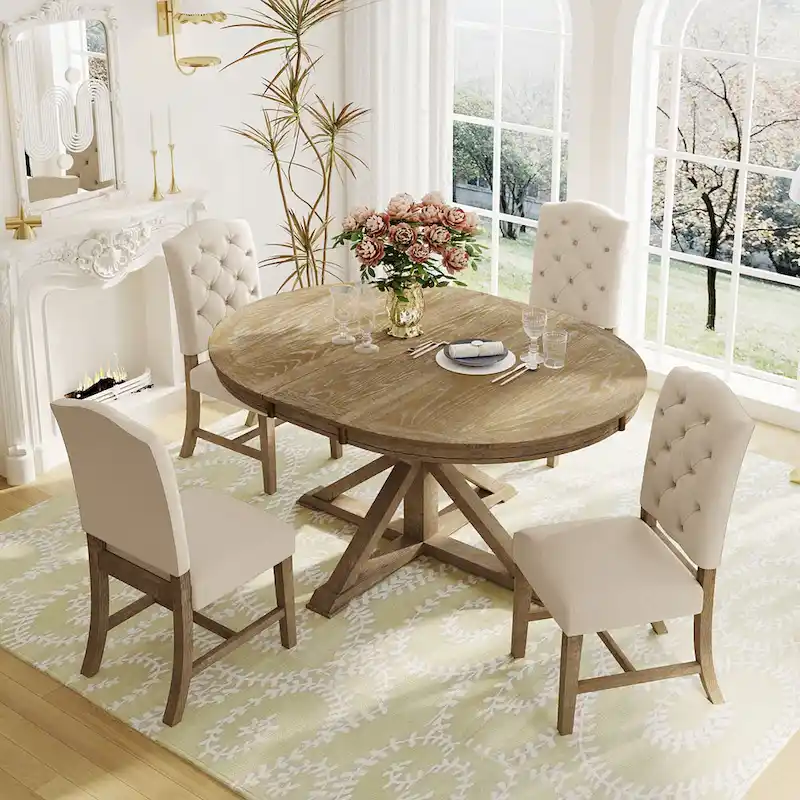 Functional Dining Table Set with Extendable Table and 4 Upholstered Chairs