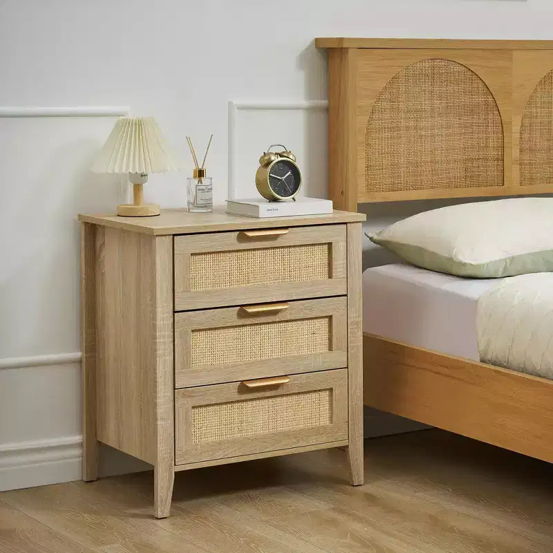 Rattan Nightstand, Nightstand with 3 Natural Rattan Drawers, Bedside Table with Sturdy Wood Legs, Modern Side Table with Storage Drawers