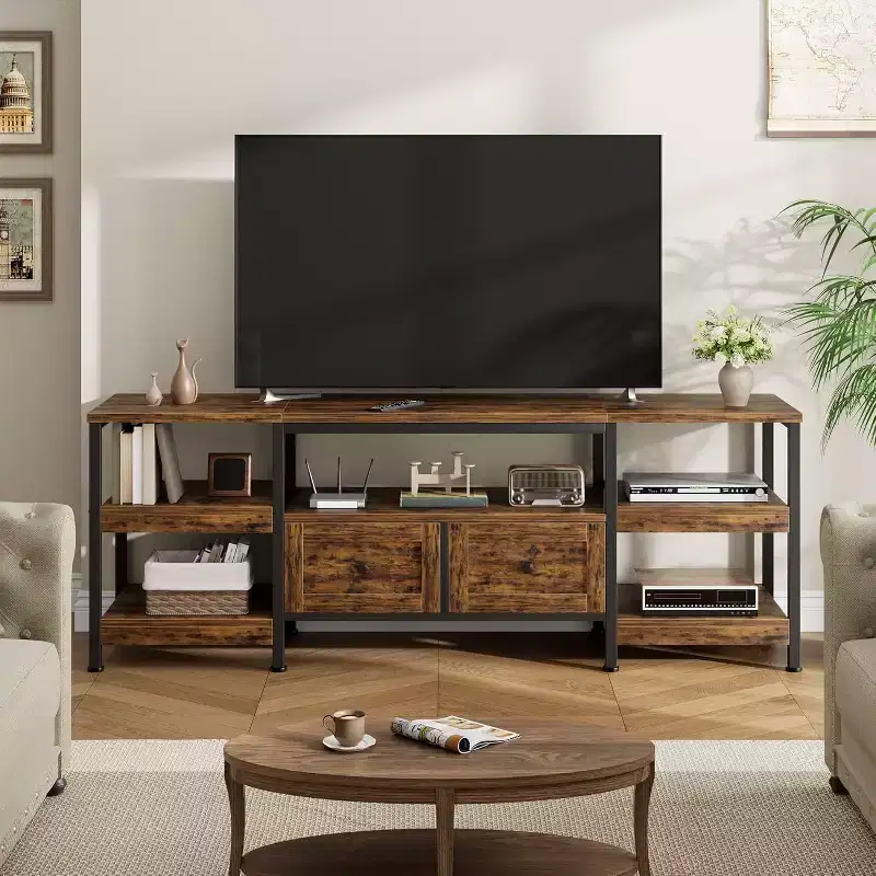Industrial Style 63 TV Stand - Entertainment Center Holds 65 Screens w/2 Drawers, Open Shelves & Metal Frame