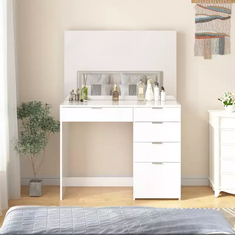 White Vanity Desk with Lighted Mirror and 5 Storage Drawers