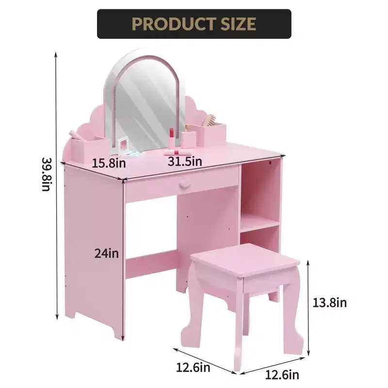 COZONY Kids Vanity with Mirror & Stool, Adjustable Brightness, Storage Drawer & Shelves, for Girls Ages 39