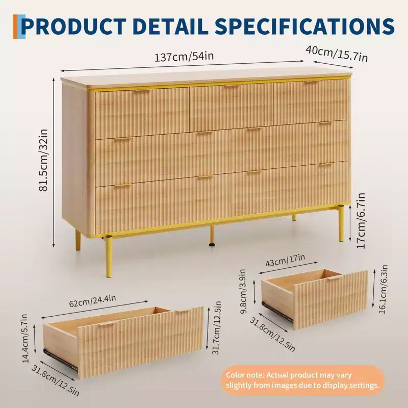 7 Drawers Dresser for Bedroom, 54in Wide Fluted Chest of Drawers Dresser Wood Storage Cabinet Curved Design TV Stand with Gold Metal Handles