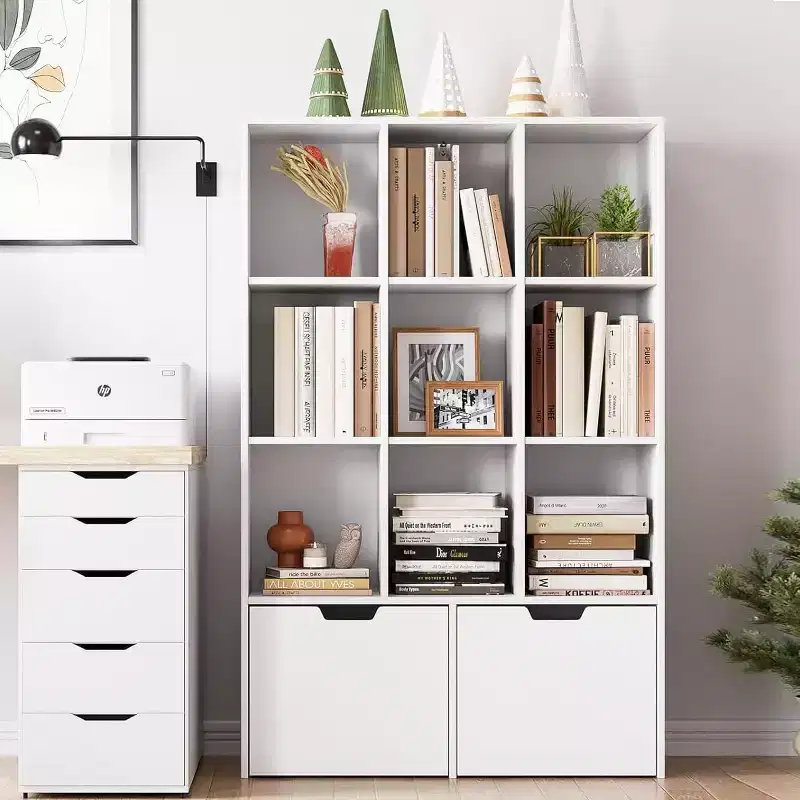 9-Cube Storage Organizer with 2 Drawers, 3-Tier White Bookshelf for Kids Room, Living Room, Office & Bedroom