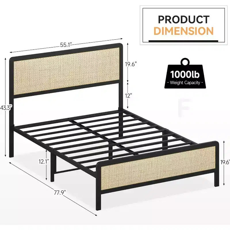 Full Size Bed Frame with Rattan Headboard, Metal Slats Support, Rounded Corners, Noise-Free, No Box Spring, White Oak