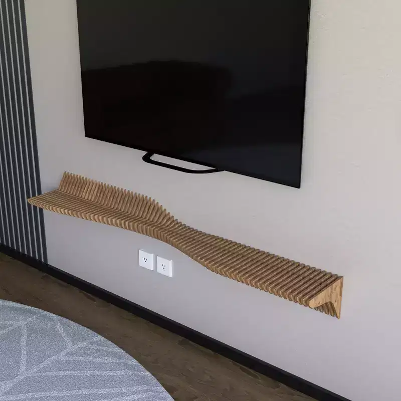 Wear Sierra BATAMEX Parametric 60 inch Floating Shelf TV Unit Modern Geometric Wooden Wall Piece Decor Natural Oak Color 3D Wavy LivingRoom Shelf