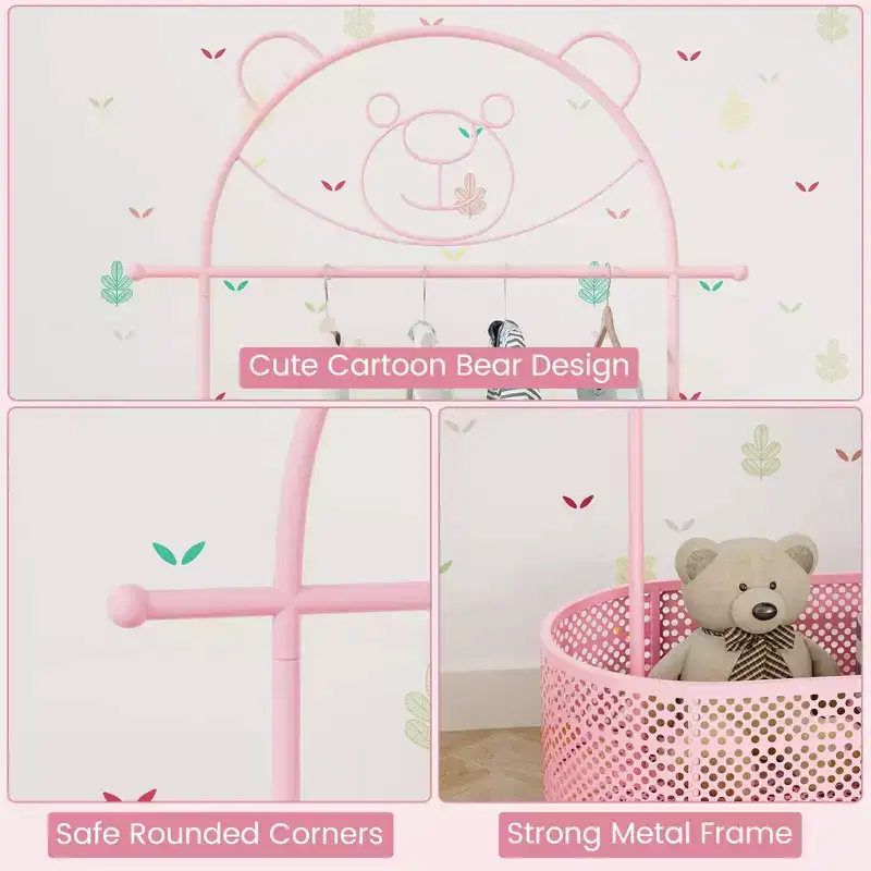 Kid Clothes Rack with 3 Adjustable Heights Home Freestanding Clothes Rack White/Pink