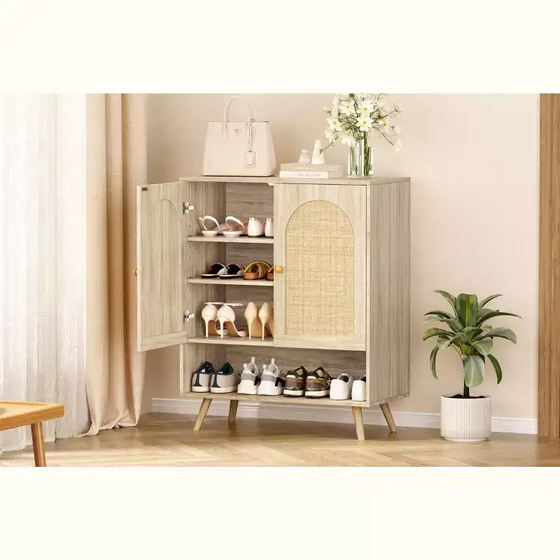 Shoe Rack Organizer, 4-Tier Wooden Shoe Storage Cabinet with Adjustable Shelves & Rattan Doors, Slim Oak Rack for Hallway Living Room