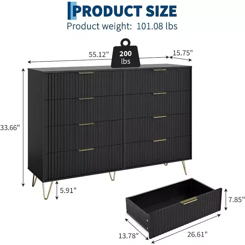 8-Drawer Fluted Wooden Dresser with Metal Handles