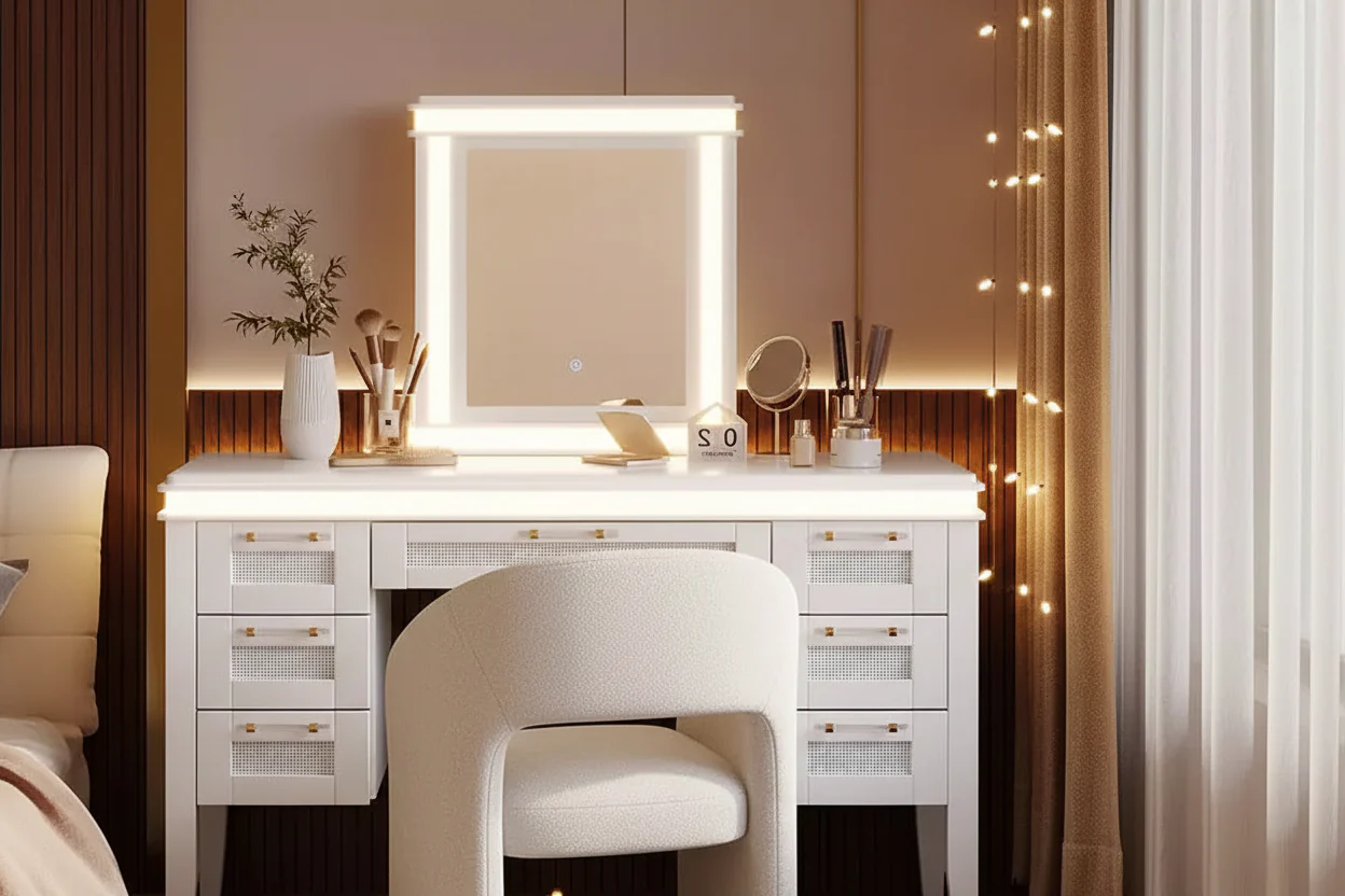 Classic Boho Wood Makeup Vanity Desk with Lighted Mirror, 7 Drawers & Cushioned Stool