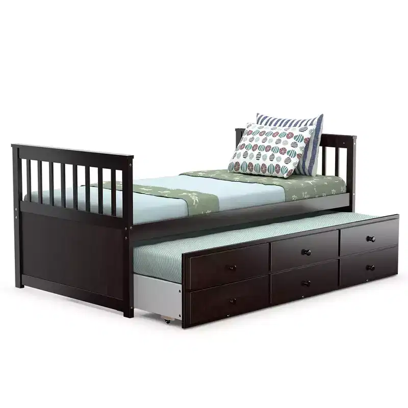 Twin Captain's Bed Bunk Bed Alternative w/ Trundle & Drawers for Kids WalnutEspressoWhite