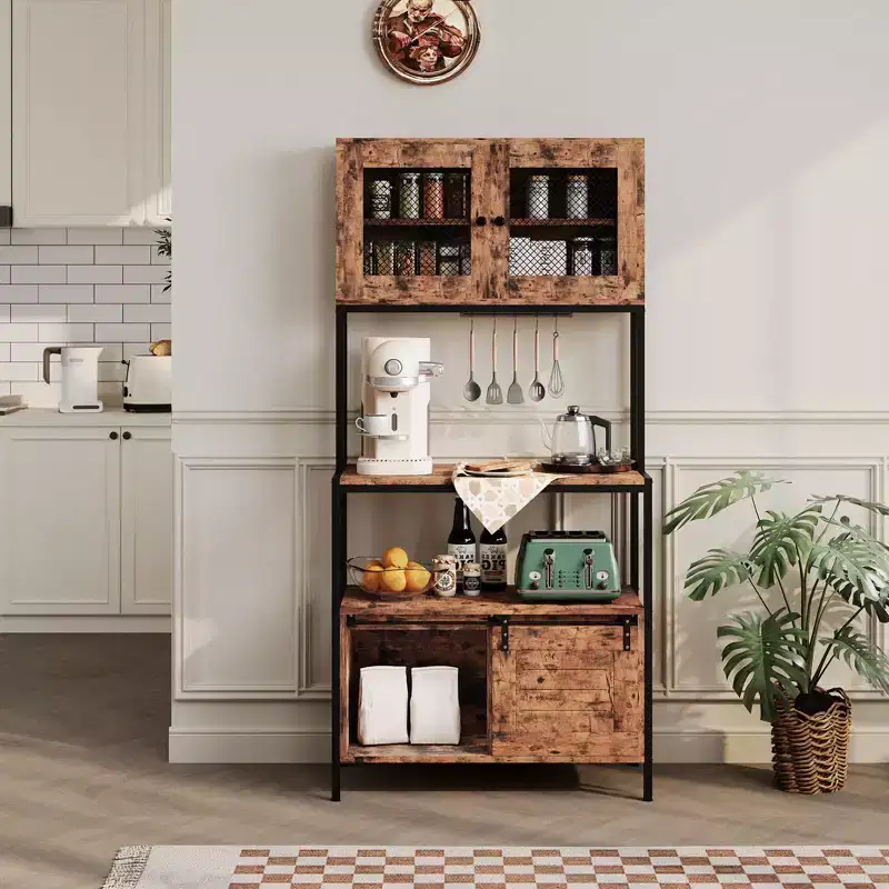 Kitchen Bakers Rack, 6 Tier Coffee Bar 63in Industrial Microwave Stand Rack with Storage Cabinet Shelves and Power Outlet for Dining Room Living Room