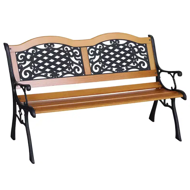 Outsunny 50 Outdoor Garden Bench, Park Style Patio Bench Loveseat, Pine Wood & Metal Frame with Plastic Antique Flourish Backrest, Natural Wood