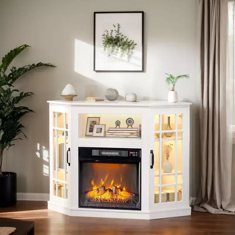 Farmhouse 43'' Corner TV Stand For Tvs Up To 55'' With Electric Fireplace And Glass Door