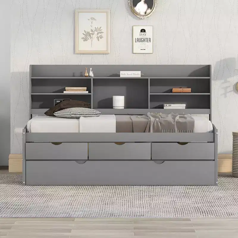 FAMYYT Twin Size Wooden Captain Bed?With Built-in Bookshelves, Three Storage Drawers and Trundle, Easy Assembly