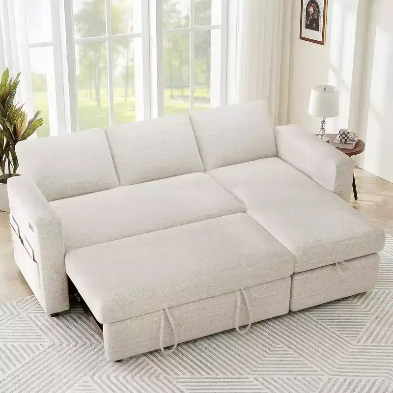 2 in 1 Pull Out Sleeper Sofa with Storage Chaise Chenille Sectional Couch with USB Ports for Living Room