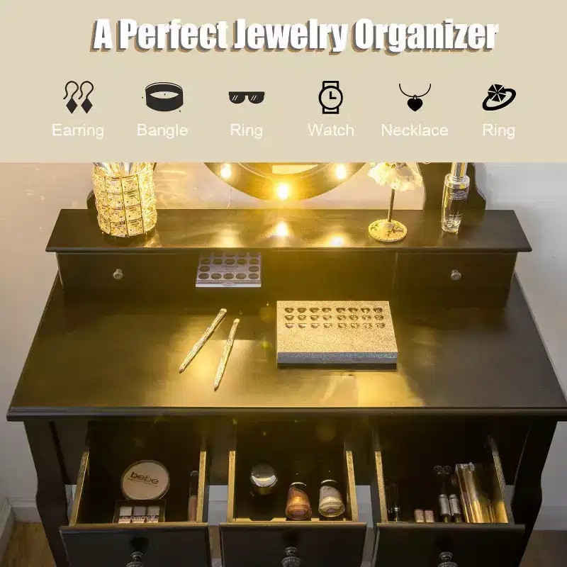 Costway Vanity Set Makeup Dressing Table w/5 Drawers 12 LED Bulb Black