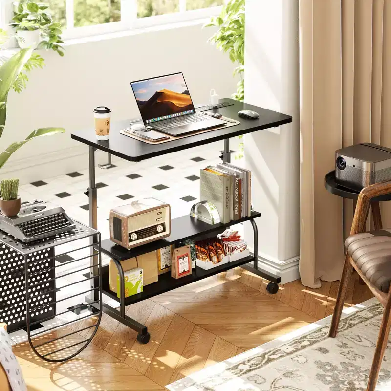 32 Manual Standing Desk with Storage Shelves, Computder Desk with Charging Station