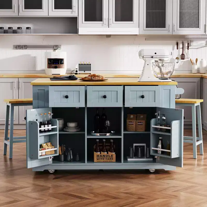 53inch Large Kitchen Island with Drop Leaf,Power Outlet,Door Internal Storage Rack,Rolling Kitchen Cart on 5 Wheels with 5 Open Side Racks