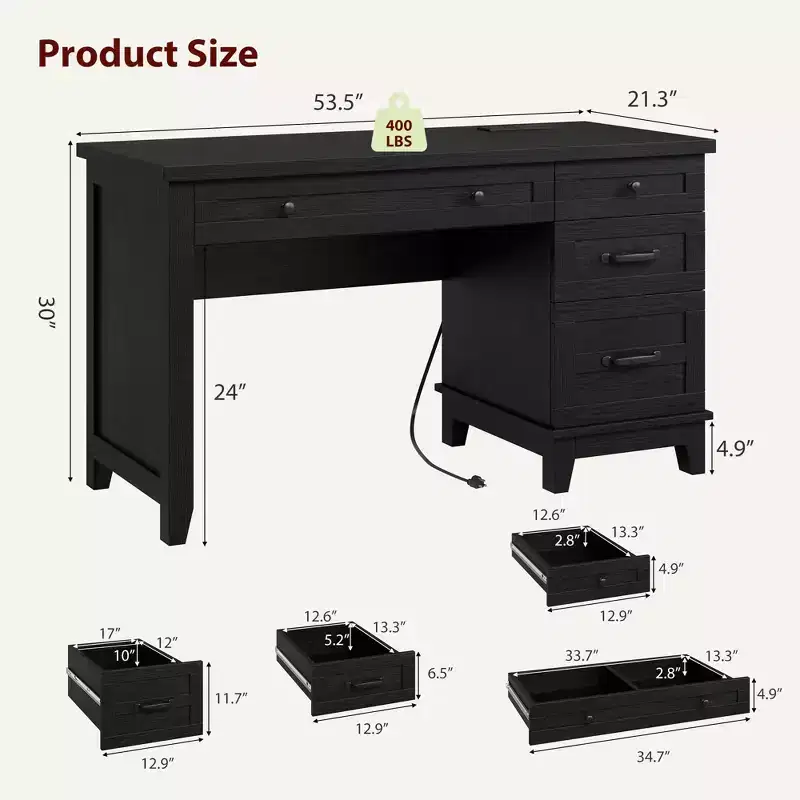 53.5 Farmhouse Computer Desk w/ Charging Station & File Cabinet, Rustic Wooden Executive Workstation with Storage Drawers for Home Office