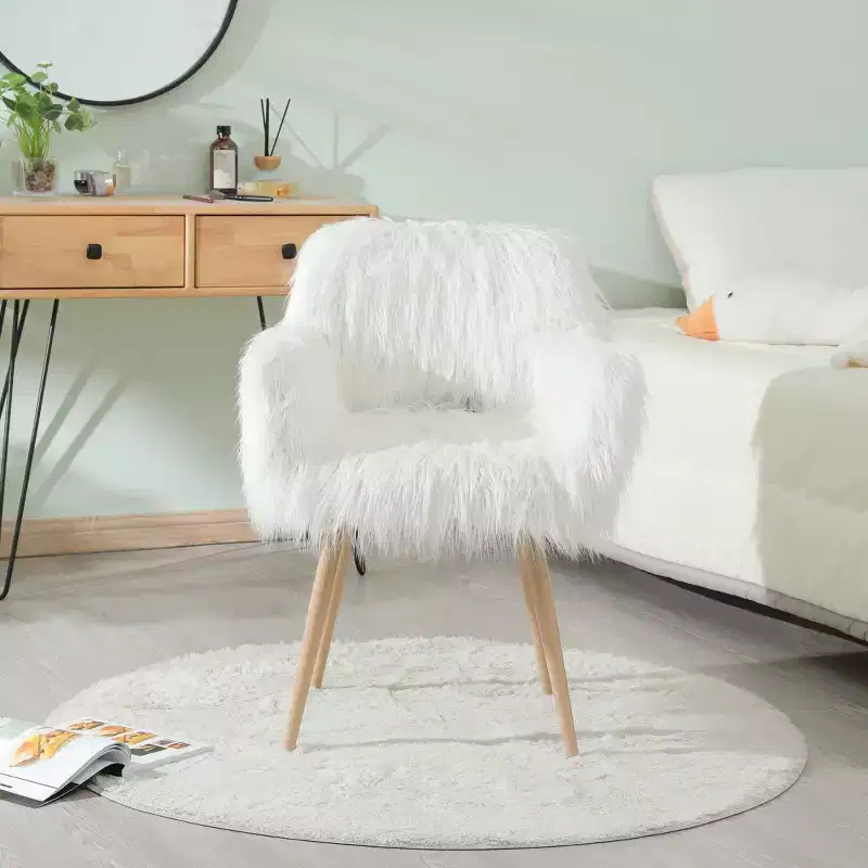 TUYOHW Faux Fur Upholstered Makeup Chair,Side Dining Chair with Beech Pattern Metal Legs,Elegant Accent Chair for Living Room,Bedroom,Guest Room,White