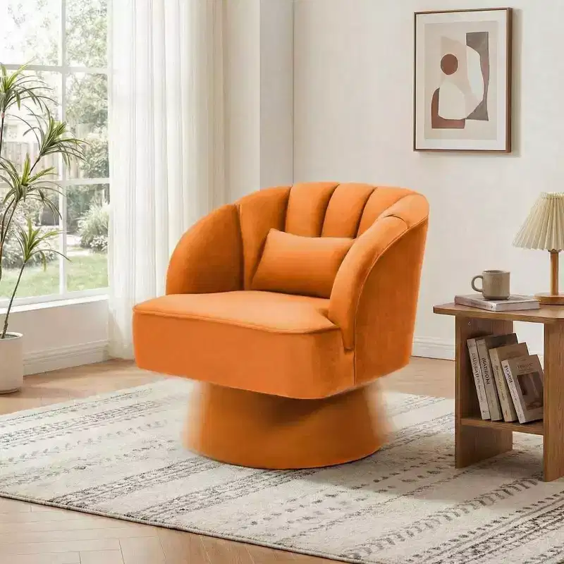 Modern 360 Swivel Barrel Accent Chair, Velvet Upholstered Lounge Chair with Plush Padding, Morandi Orange