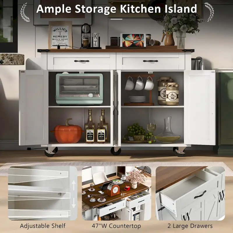 Farmhouse kitchen island with electrical outlets and drop-leaf panels