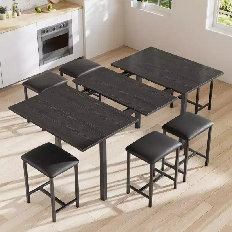 VECELO 7-Piece Dining Table Set with 6 Stools, 63 Expandable Kitchen Table with Metal Frame, Small Spaces, Black