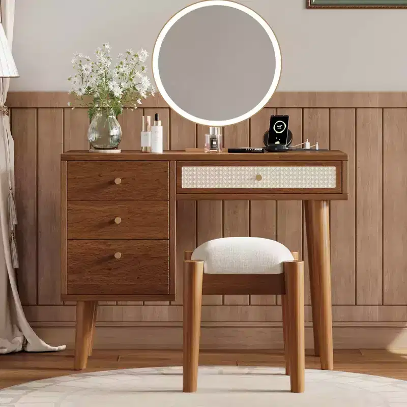 MAYEERTY 39 Retro Wooden Dressing Table with 3 Storage Drawers and Rectanglar Rattan Drawer for Bedroom Walnut